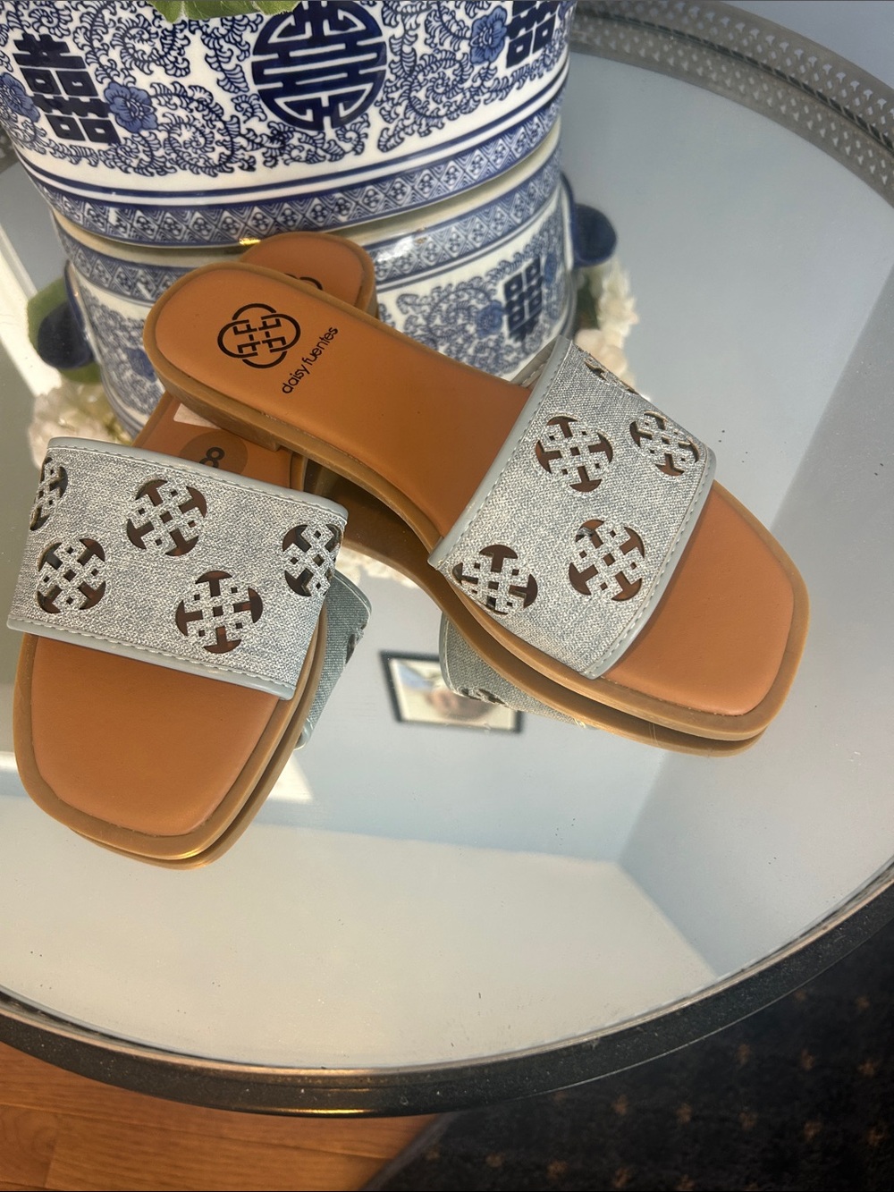 DAISY FUENTES PALE BLUE Logo Slide Sandals with Tan Footbed